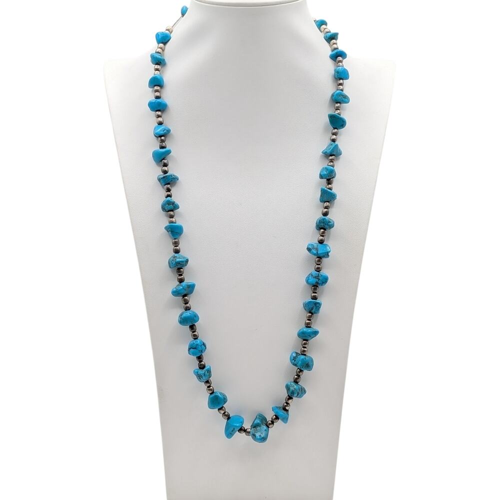 Vintage 1960s Turquoise Nugget Silver Beaded Hook Clasp 28" Necklace